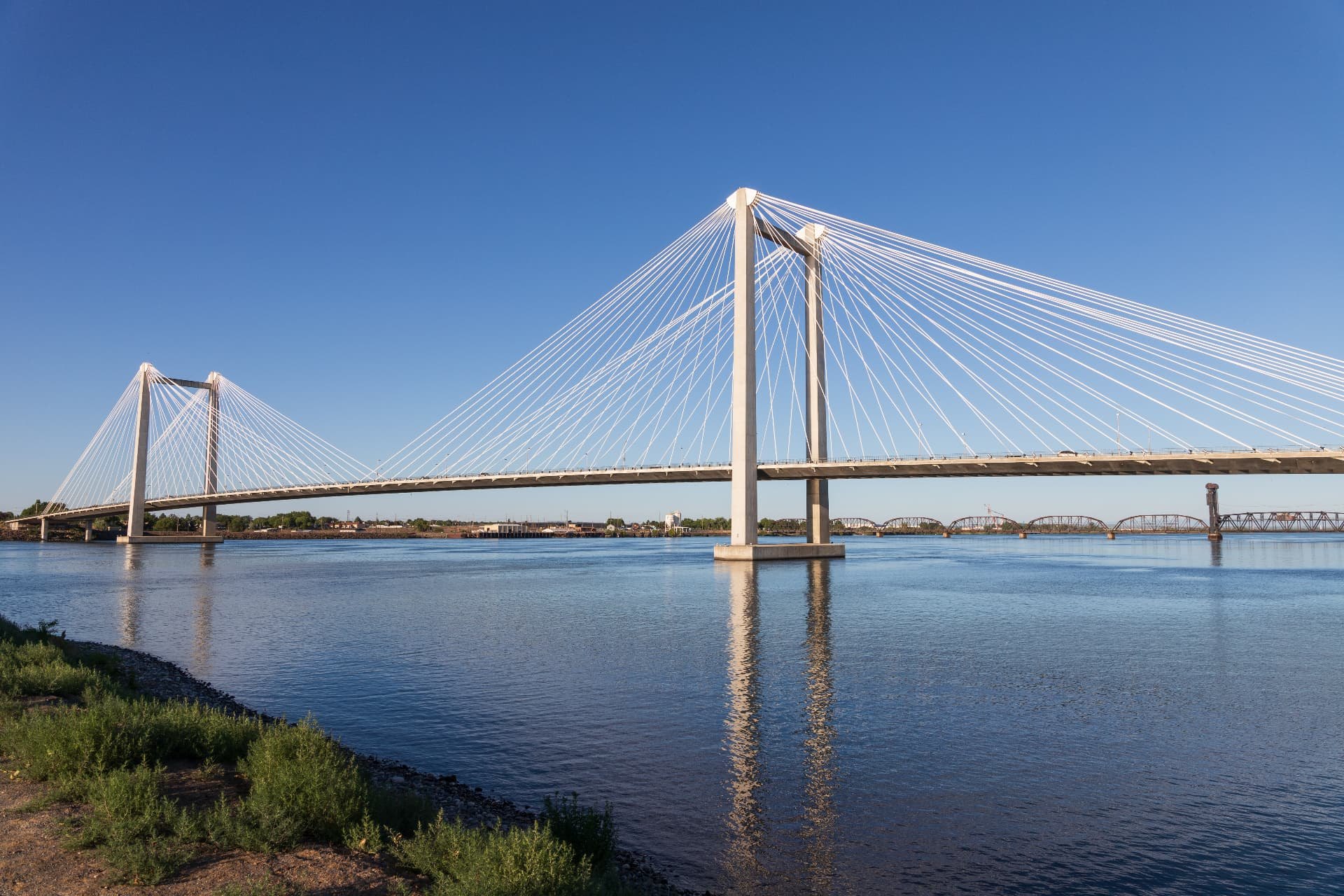 The Cable Bridge spanning the Columbia River between Kennewick and Pasco, Washington on a clear day